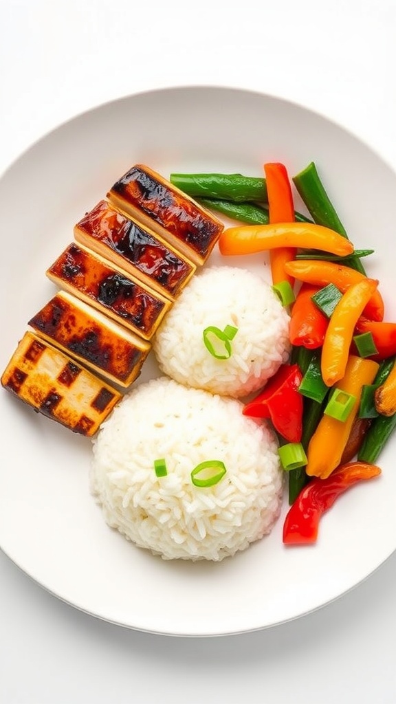 Japanese-inspired dinner plate with grilled chicken, rice, and sautéed vegetables.